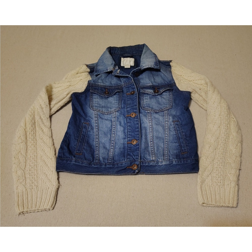 Forever 21 Denim Jacket Cream Knit‎ Sleeve Combo Trucker Style Blue